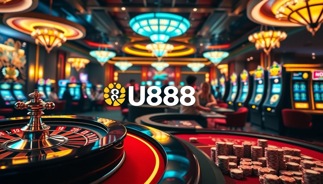 Exciting scene of gamblers playing on U888 online casino with vibrant games and roulette.