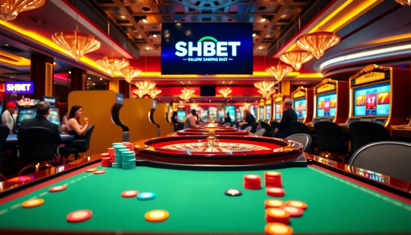 SHBET players enjoying a thrilling online gambling experience at a luxurious casino table.