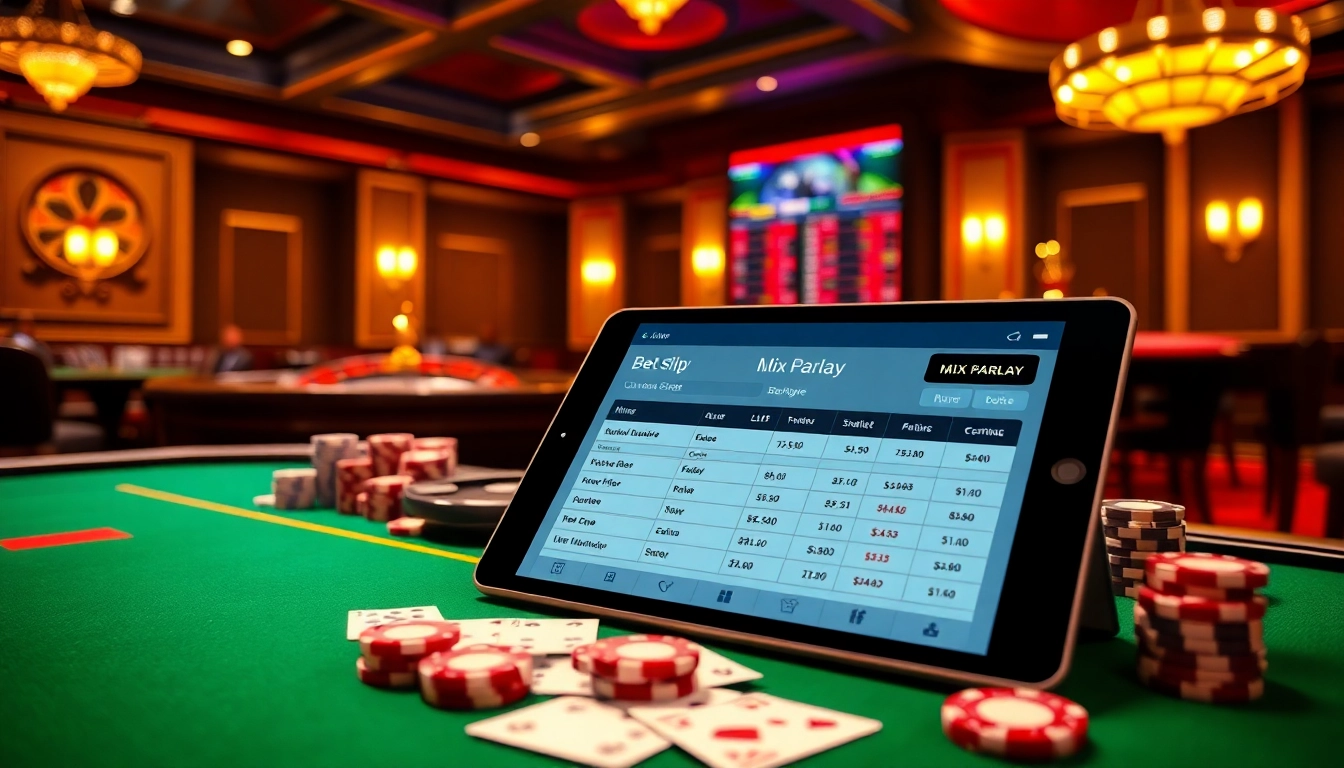 Engaging scene of a Mix Parlay betting slip on a luxurious casino tablet with vibrant elements.