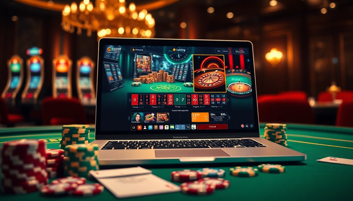 Scène de casino en ligne engageante présentant un casino en ligne argent réel France avec des machines à sous vibrantes et des jetons de poker.