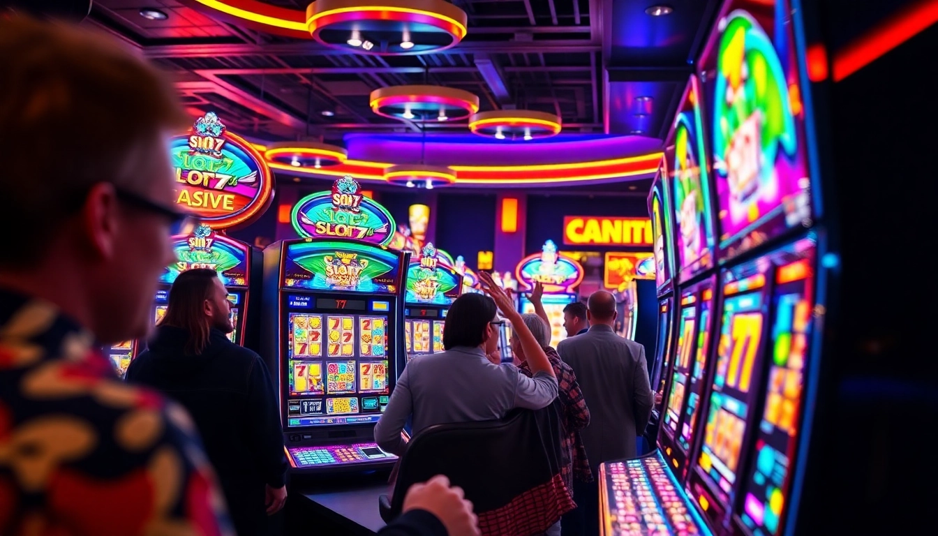 Menggunakan Slot77 pada mesin slot yang penuh warna dan menarik dalam suasana kasino yang hidup.
