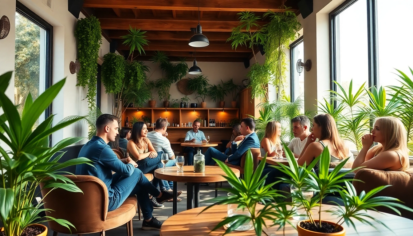 Cannabis Social Club Lloret de Mar, vibrant interior showcasing patrons engaged in conversations.