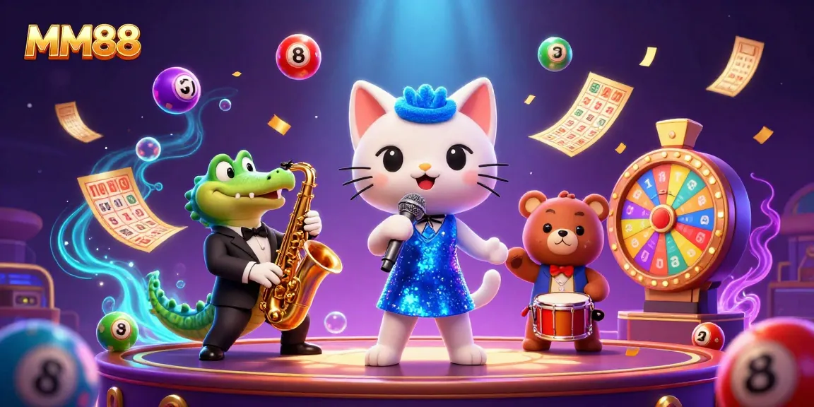Play exciting games at MM88 with a jazz-singer cat and casino characters under dynamic lights.