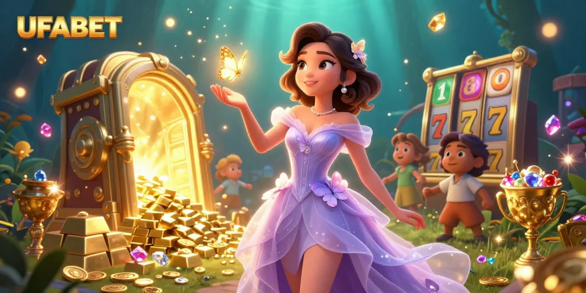Experience the thrill of UFABET with vibrant slot games and golden treasures in this captivating illustration.