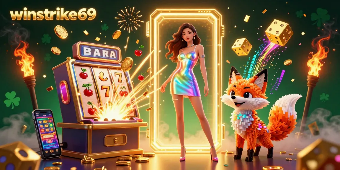 Winstrike69 celebrates big wins with a vibrant 3D illustration of a colorful slot machine surrounded by thrilling casino elements.