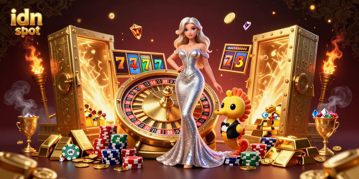 Spin the idn slot reels with stunning visuals of a golden casino scene featuring a glamorous woman.