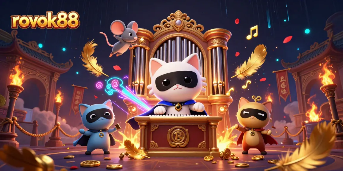 Engage with rokok88's thrilling casino experience featuring a dynamic 3D scene of a whimsical cat and a mouse acrobat.