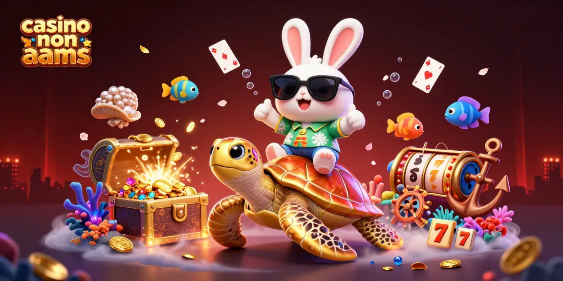 Vivi l'emozione al casino non aams con un coniglio fortunato e una tartaruga dorata tra gemme colorate e giochi da casinò.