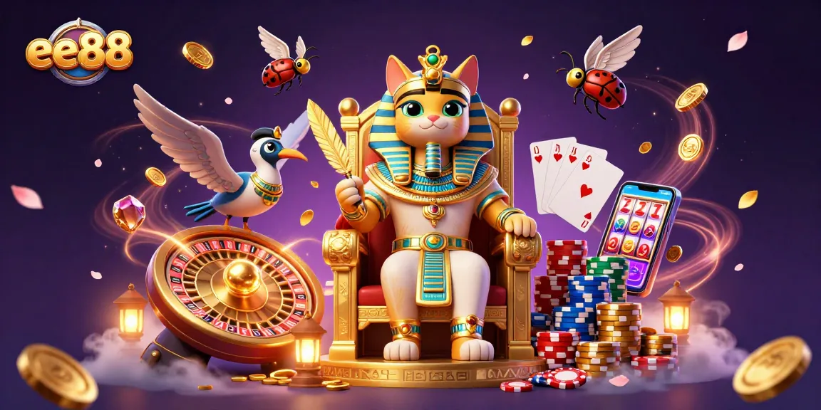 Experience thrilling gameplay at ee88 with a vibrant scene featuring an Egyptian pharaoh cat and dynamic casino elements.