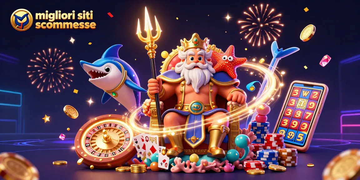 I migliori siti scommesse mostrano il re Nettuno e simboli del gioco d'azzardo in un'illustrazione vivace.