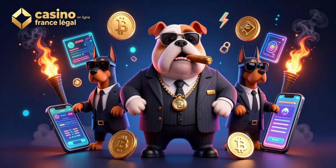 Illustration dynamique de casino en ligne France légal avec un bulldog mafieux et des Dobermans, entouré de cryptomonnaies.