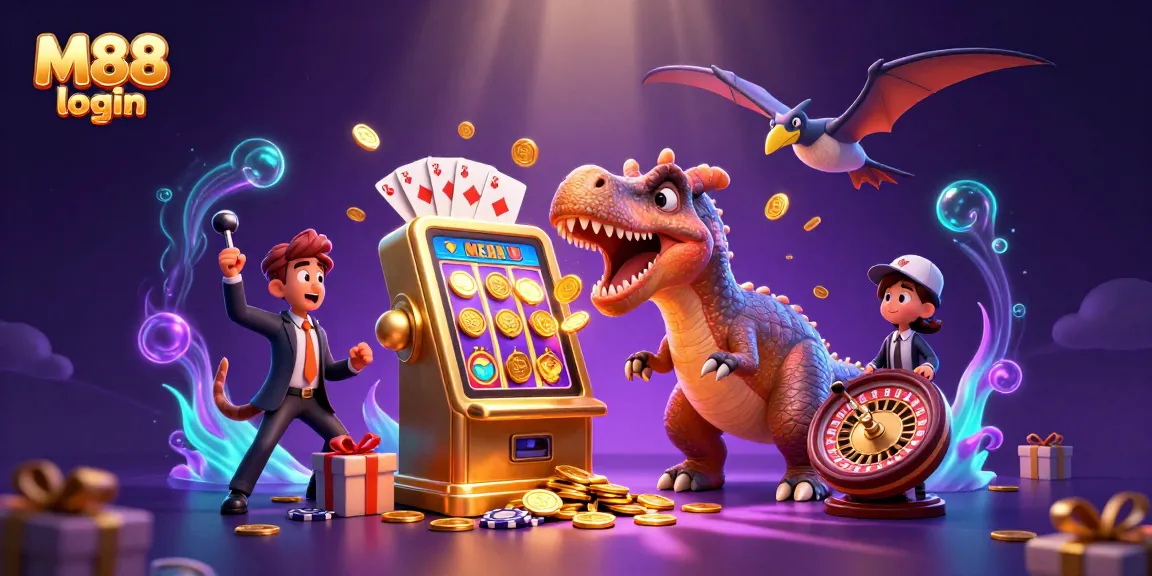 M88 login scene showcasing a pachycephalosaurus triggering jackpots while a casino manager panics, earning thrills with featured games.