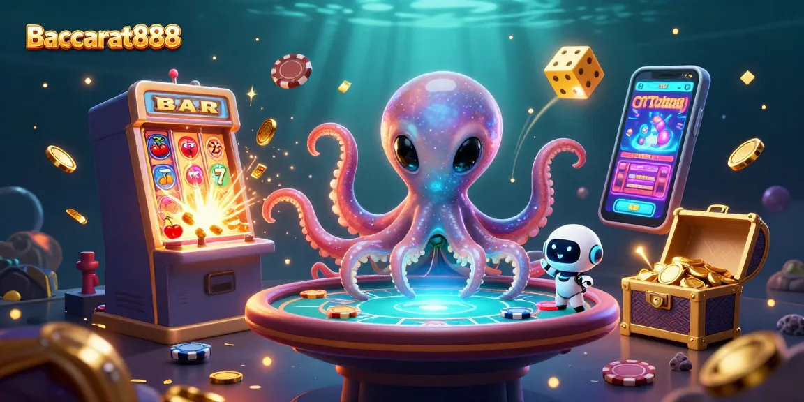 Baccarat888 gaming excitement comes alive with a 3D alien octopus at a poker table, surrounded by vibrant casino elements.