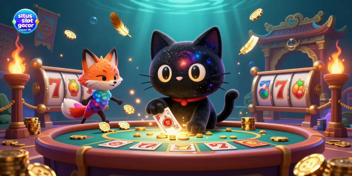Engage in the excitement of situs slot gacor deposit 10k with a cosmic cat, swirling chips, and vibrant casino elements.