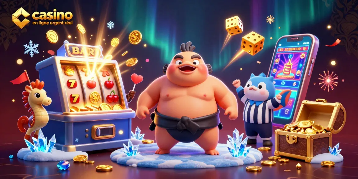Jouez sur un casino en ligne argent réel avec une scène animée festive et dynamique d'éléments de jeu.