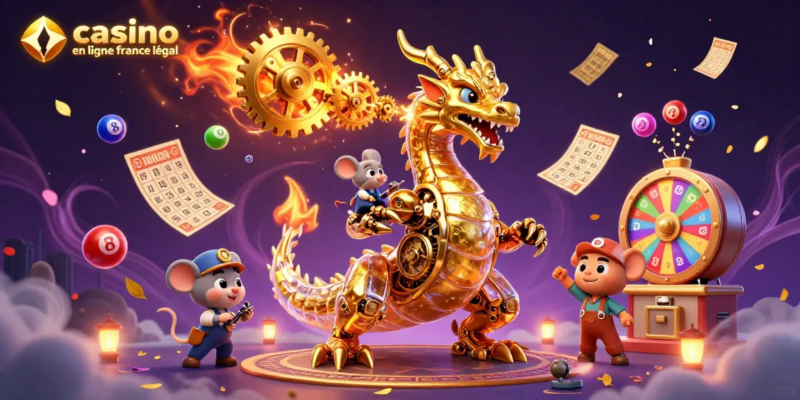 Illustration dynamique de casino en ligne légal en France avec un dragon et des éléments de jeu flottants