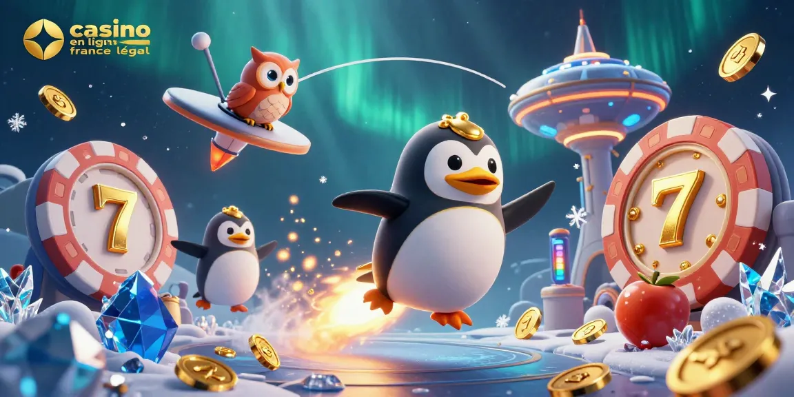 Le pingouin doré du casino en ligne légal en France décolle vers une station spatiale en forme de jeton de poker tout en laissant une traînée de pièces d'or.