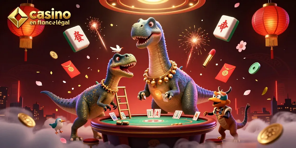 Illustration dynamique de casino en ligne France légal avec brontosaurus et croupier raptor