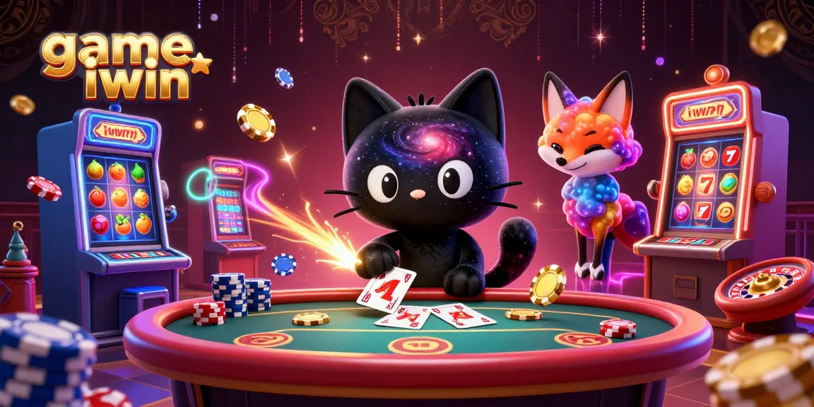 Engage in the game iwin with a cosmic casino illustration featuring 3D characters and vibrant gaming elements.