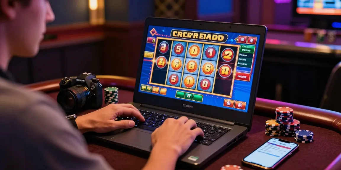 Exciting gaming experience at credit card casinos with player engaging at laptop and colorful slot reels.