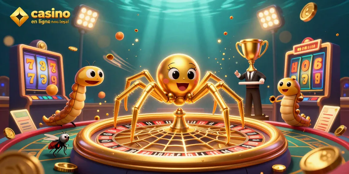 Explorez le casino en ligne France légal avec une araignée dorée et un croupier centipède, entourés de jeux et de gains.