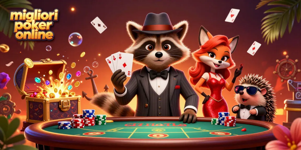Gioca con le migliori poker online: un’illustrazione di un gioco coinvolgente con personaggi animati e tavoli da poker.