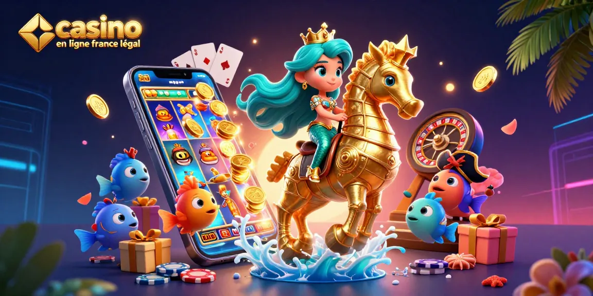 Illustration animée d'une princesse sirène au casino en ligne France légal, entourée de poissons colorés.