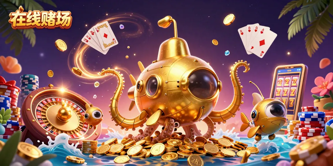 在在线赌场中，卡通黄金克拉肯潜艇和机械鱼在金币海洋中嬉戏，展示独特的娱乐场景。