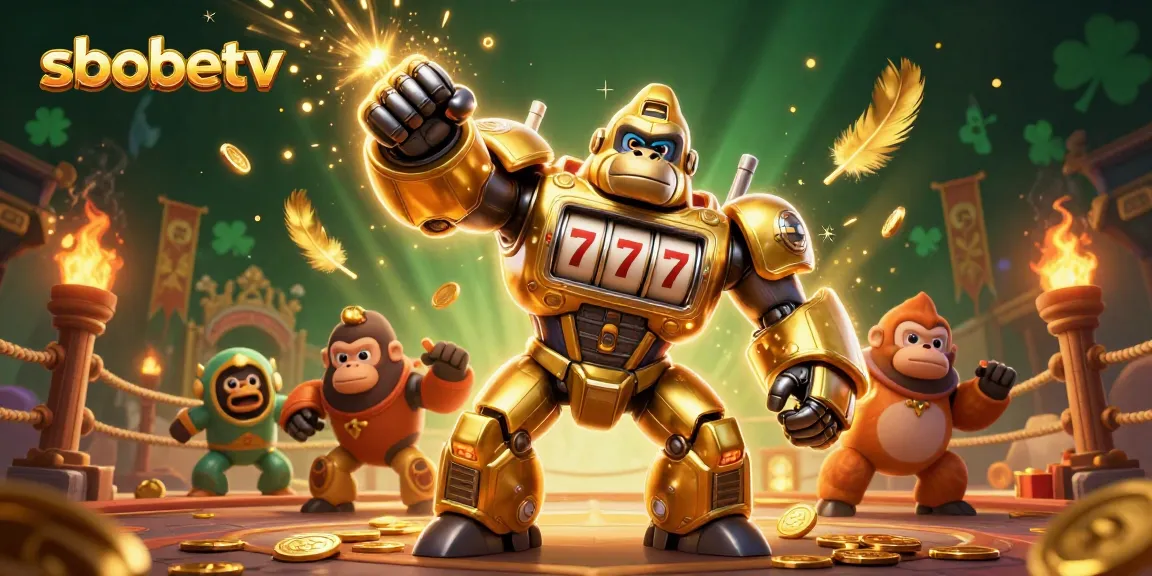Experience thrilling wins with sbobetv as a golden gorilla mech shines amidst a vibrant casino-themed battleground.