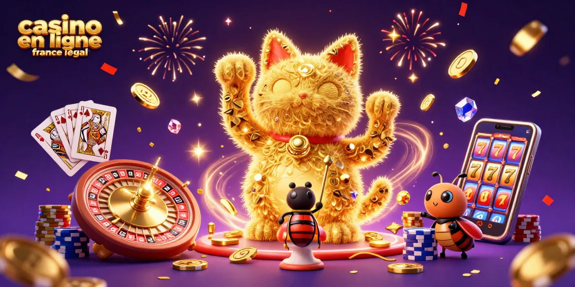Jouer sur un casino en ligne légal en France avec des symboles de jeu et un chat porte-bonheur.