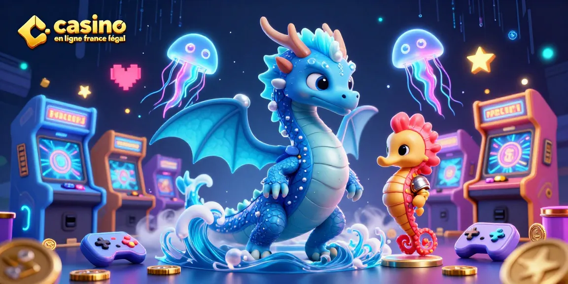 Illustration captivante avec casino en ligne légal en France, dragons, et jeux d'arcade colorés.