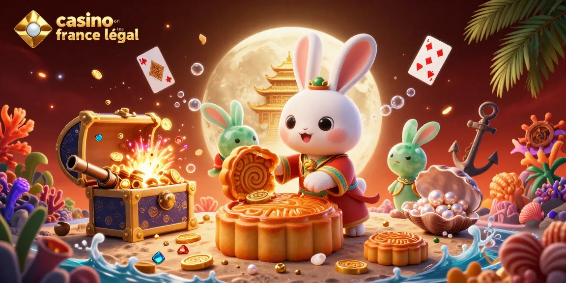 Illustration dynamique représentant le casino en ligne légal en France avec un lapin lunaire et des jetons de poker.