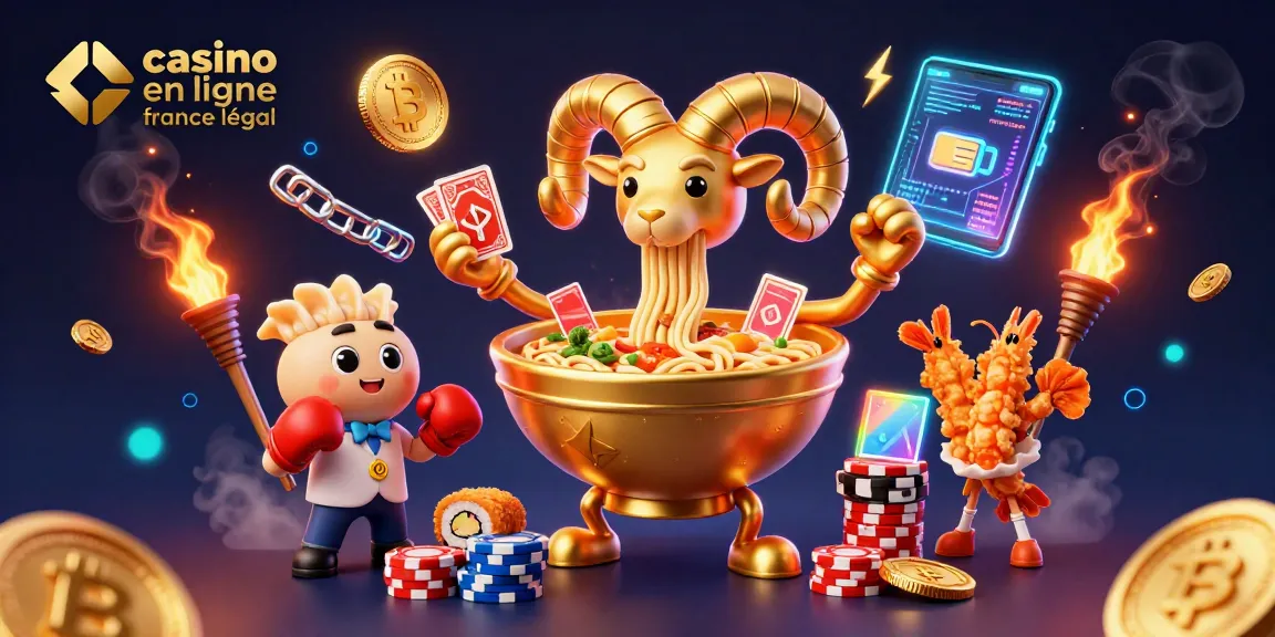 Illustration dynamique de casino en ligne France légal avec personnages animés et cryptomonnaies.
