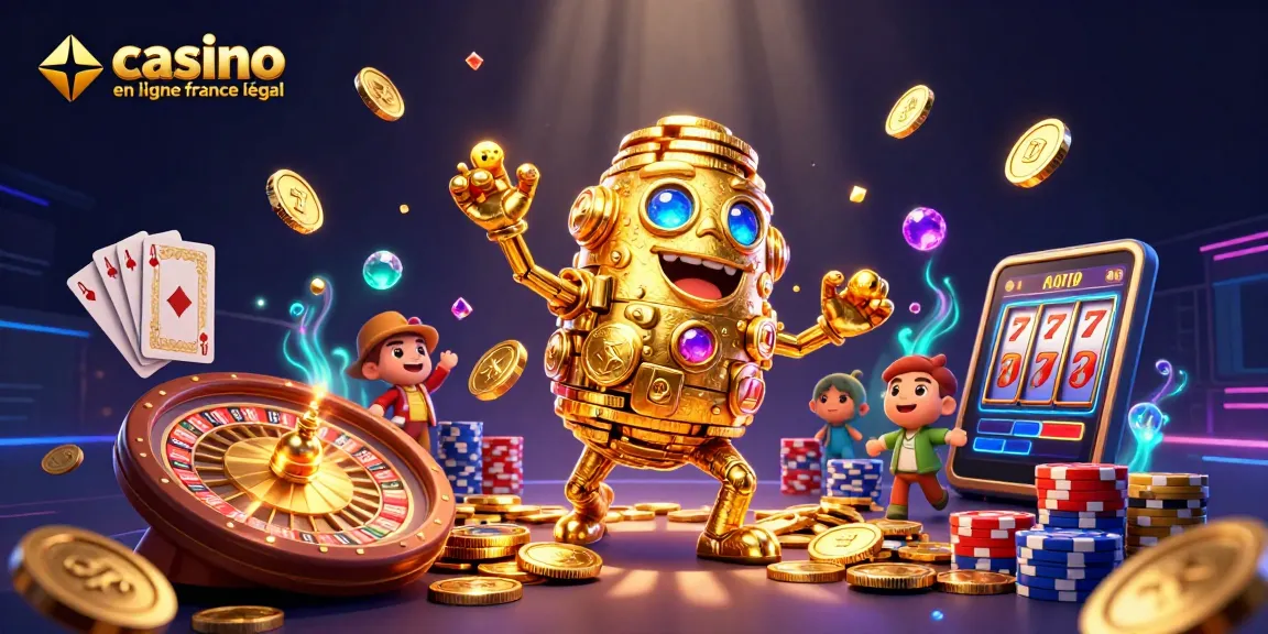 Plongez dans l'univers des casinos avec cette illustration captivante de casino en ligne france légal, où un golem doré et des jeux scintillants s'animent.