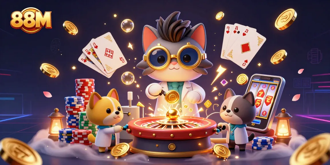 Immerse in 88M's thrilling casino scene filled with cascading coins and vibrant game elements.