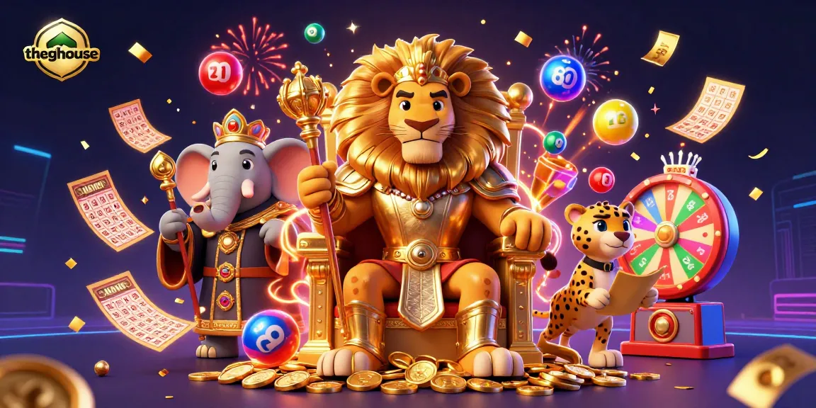 Engage with thegbhouse's vibrant 3D scene featuring a lion king, elephant advisor, and cheetah messenger amid dynamic gaming elements.