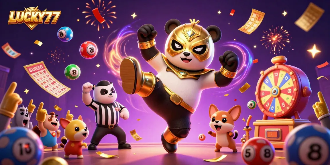 Witness the thrilling action at LUCKY77 with a panda wrestler, chihuahua referee, and dynamic lottery elements.